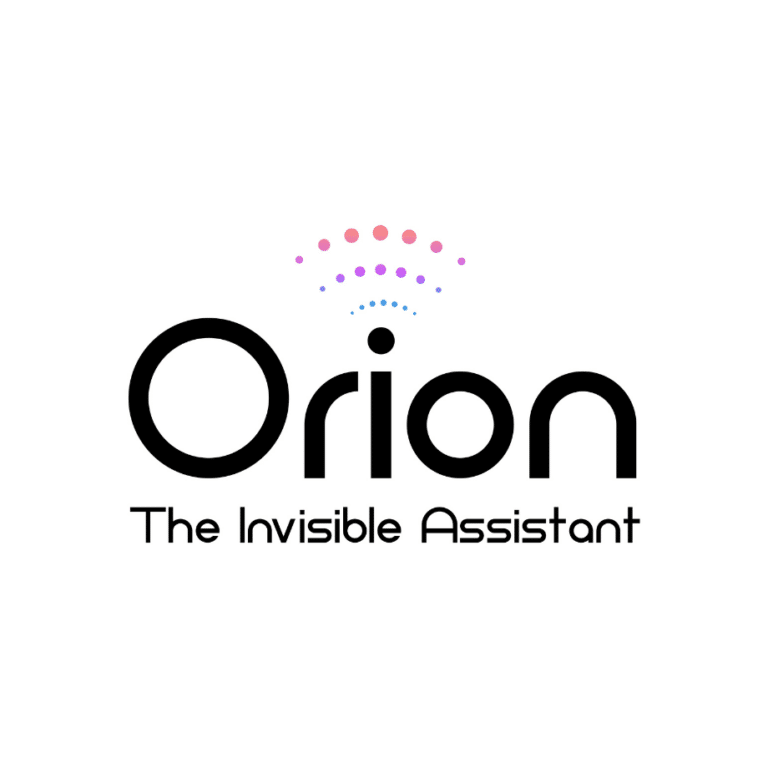 Le logo comporte le mot « Orion » en noir et gras, avec des points colorés formant une vague au-dessus du « i ». En dessous, le slogan « The Invisible Assistant » est écrit en caractères noirs plus petits, sur fond blanc.