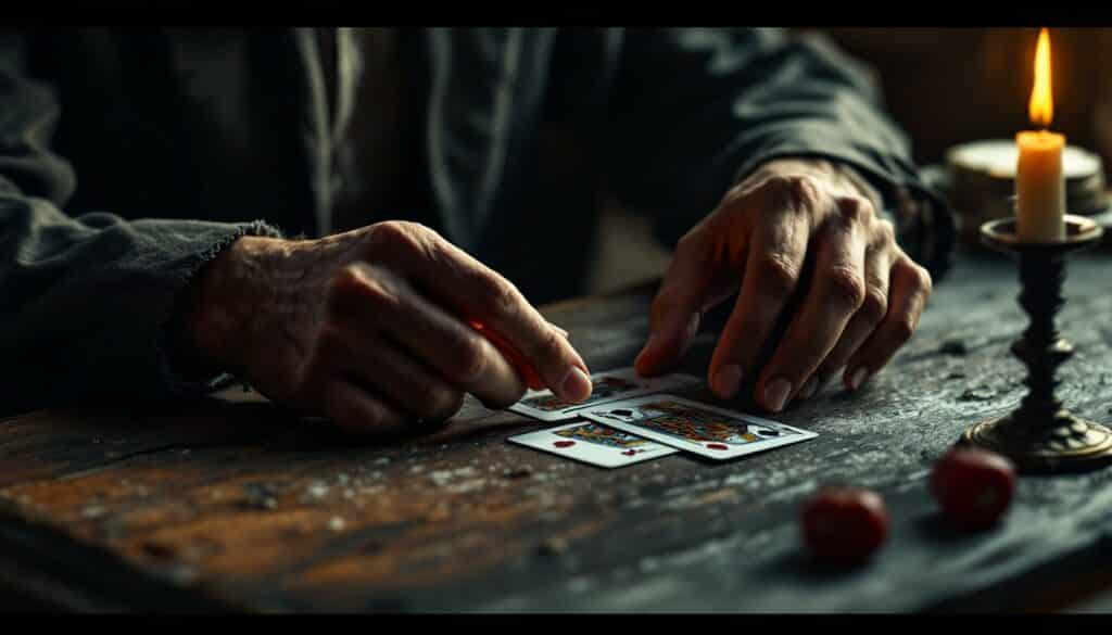 Une personne dispose des cartes à jouer sur une table en bois rustique, faiblement éclairée par une bougie dans un bougeoir. Deux dés rouges sont également sur la table. La scène dégage une atmosphère vintage et maussade.