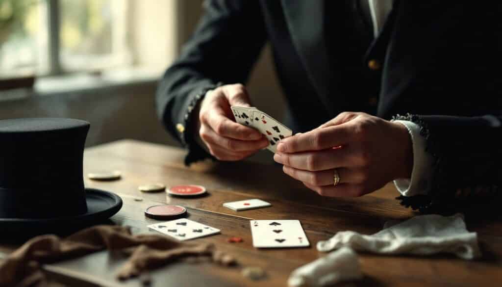 Une personne en costume tient des cartes à jouer sur une table en bois. Des jetons de poker, des cartes à jouer, un haut-de-forme et un gant blanc sont éparpillés sur la table. Une douce lumière naturelle illumine la scène.